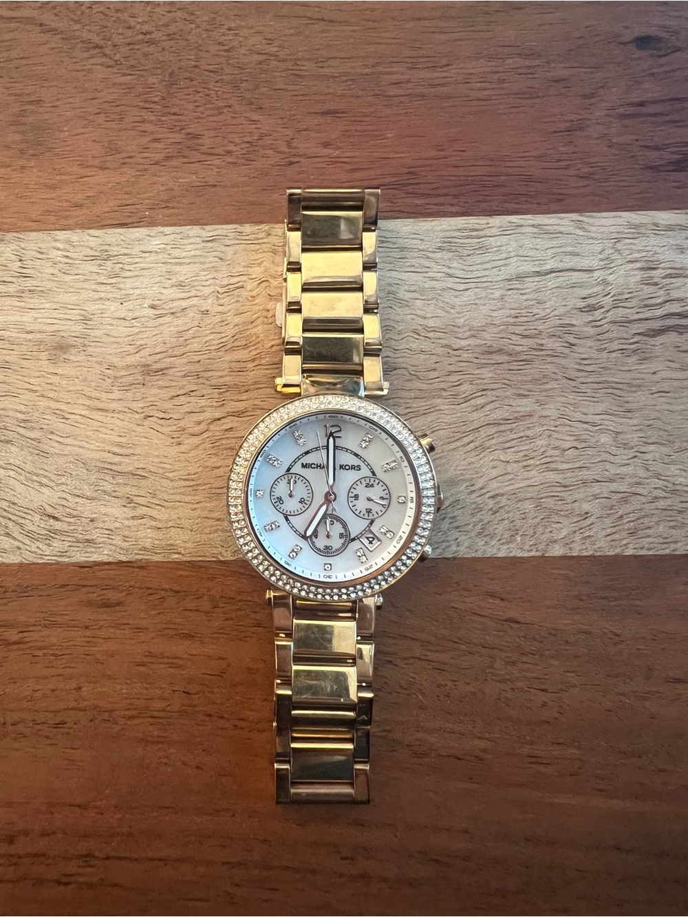 Michael Kors Rose Gold and White Crystal Bezel Women's Watch (needs new battery)